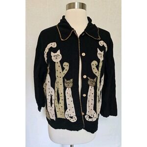 90s Vintage Womens Cats Applique Jacket Size Small Black Unique Cat